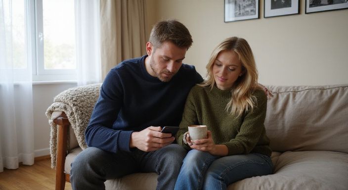 Ein Paar sitzt entspannt auf einem Sofa und nutzt Dating-Apps. Ein Paar sitzt entspannt auf einem Sofa und nutzt Dating-Apps.