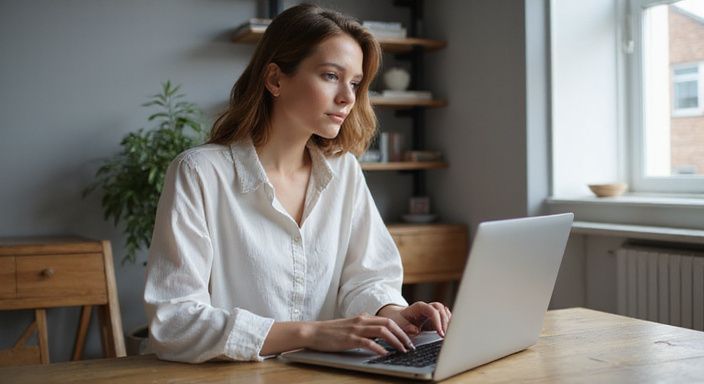 Eine Frau arbeitet konzentriert an ihrem Laptop an einem Schreibtisch. Eine Frau arbeitet konzentriert an ihrem Laptop an einem Schreibtisch.