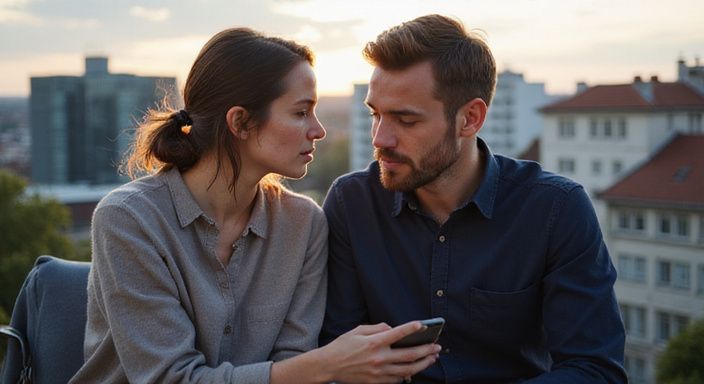 Ein Paar sitzt eng zusammen, konzentriert auf ihre Smartphones.