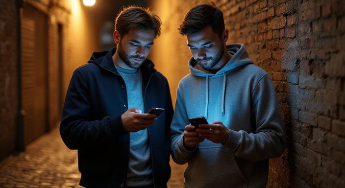 Zwei Personen stehen in einer schmalen Gasse und nutzen Smartphones.