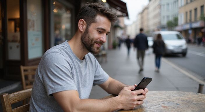 Ein Mann in einem Café scrollt durch eine Dating-App.