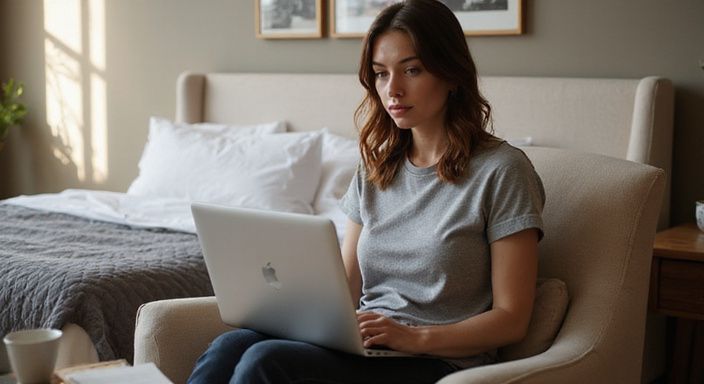 Eine Frau arbeitet konzentriert am Laptop in ihrem Schlafzimmer und suche sexkontakt in Stuttgart.