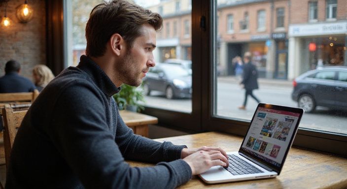 Eine Person arbeitet konzentriert an einem Laptop in einem Café und suche sexkontakt in Stuttgart.