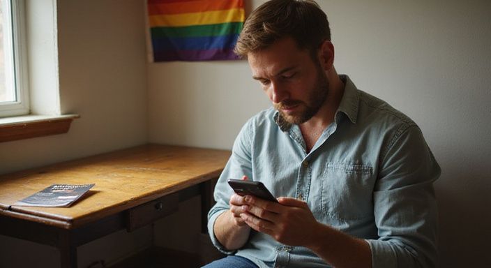 Ein Mann scrollt konzentriert auf seinem Smartphone in einem gemütlichen Raum.