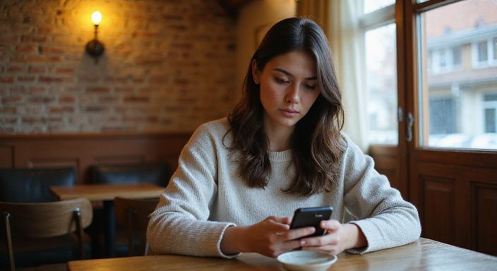 Eine Frau sitzt konzentriert in einem Café und benutzt ihr Smartphone.