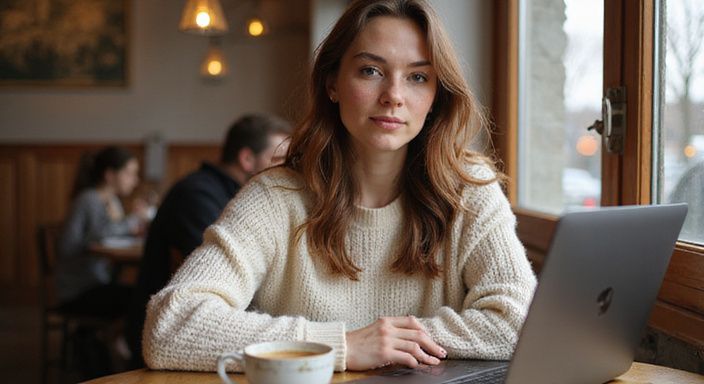 Eine junge Frau genießt Kaffee und suche am Laptop nach sexkontakt in Stuttgart.