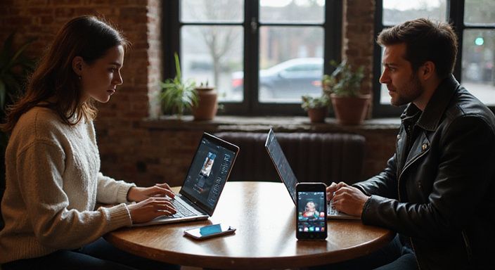 Zwei Personen in einem Café verwenden Laptops und Smartphones für digitale Kommunikation.