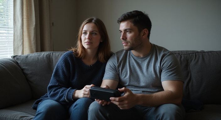 Ein junges Paar entspannt auf einer Couch mit einem VR-Headset.