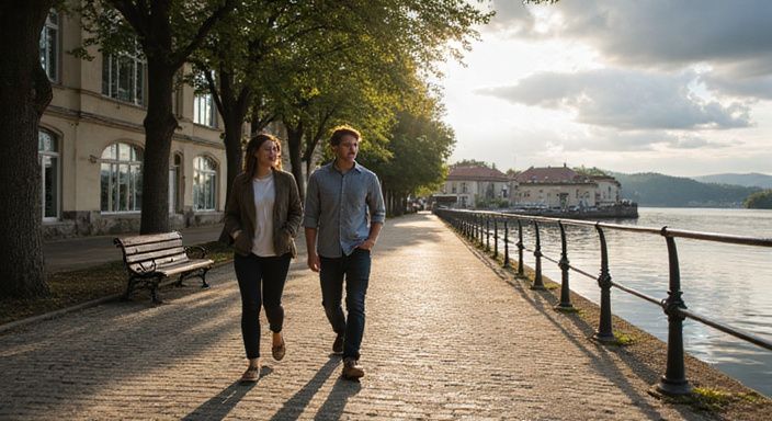 Zwei junge Erwachsene spazieren am Ufer des Bielersees entlang