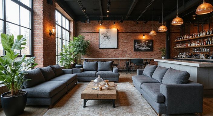 Eine elegante Lounge mit urbanem, industriellem Design und hochwertigen Materialien.