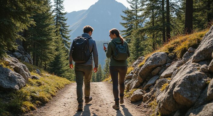 Zwei Wanderer erkunden einen schmalen Pfad in den bayerischen Alpen. Zwei Wanderer erkunden einen schmalen Pfad in den bayerischen Alpen.