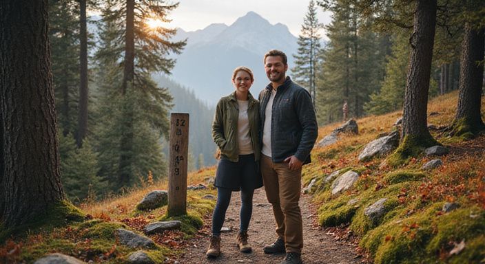 Ein Paar in den Alpen nutzt eine Dating-App auf dem Trail. Ein Paar in den Alpen nutzt eine Dating-App auf dem Trail.