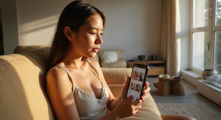 Eine Frau nutzt Tinder entspannt auf einer modernen Couch. Eine Frau nutzt Tinder entspannt auf einer modernen Couch und wollen Flirten und Dating in Bayern.