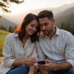 Ein Paar sitzt nah beieinander auf einer alten Holzbank