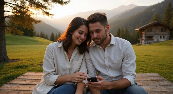 Ein Paar sitzt nah beieinander auf einer alten Holzbank. Ein Paar sitzt nah beieinander auf einer alten Holzban und wollen Flirten und Dating in Bayernk.