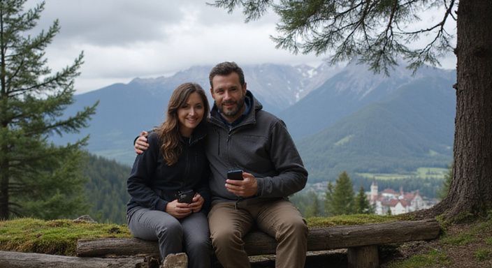 Ein Paar sitzt auf einer Bank und nutzt Dating-Apps in den Bergen. Ein Paar sitzt auf einer Bank und nutzt Dating-Apps in den Bergen.