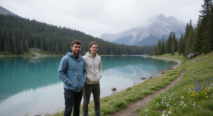 Zwei junge Menschen genießen die Aussicht an einem alpinen See. Zwei junge Menschen genießen die Aussicht an einem alpinen See.