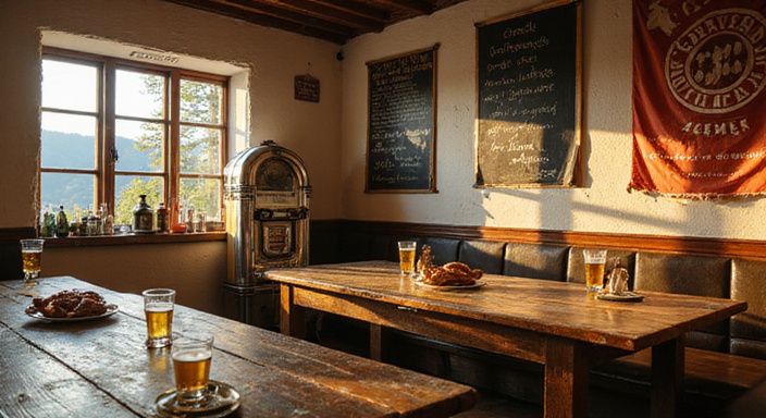 Authentische Bierhalle mit gealtertem Mobiliar und traditioneller Atmosphäre. Authentische Bierhalle mit gealtertem Mobiliar und traditioneller Atmosphäre.