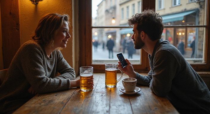 Ein Paar genießt ein herzliches Gespräch in einem historischen Café. Ein Paar genießt ein herzliches Gespräch über Flirten und Dating in Bayern in einem historischen Café.