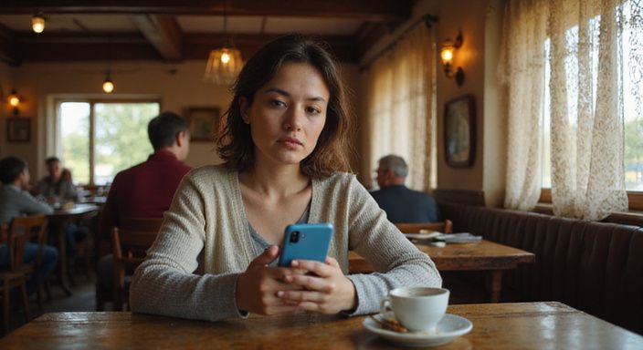 Eine Frau nutzt konzentriert ihr Smartphone in einem traditionellen Café. Eine Frau nutzt konzentriert ihr Smartphone in einem traditionellen Café.