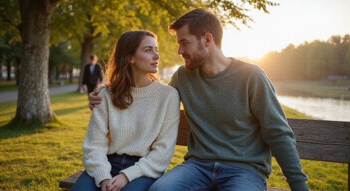 Ein junges Paar sitzt entspannt auf einer Holzbank am Isarfluss. Ein junges Paar sitzt entspannt auf einer Holzbank am Isarfluss.