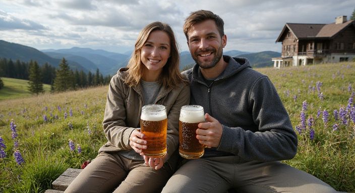 Ein glückliches Paar genießt Bier auf einer Holzbank in den Alpen. Ein glückliches Paar genießt Bier auf einer Holzbank in den Alpen.