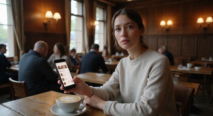 Eine nachdenkliche Frau nutzt eine Dating-App in einem bayerischen Café. Eine nachdenkliche Frau nutzt eine Dating-App für Flirten und Dating in Bayern in einem bayerischen Café.
