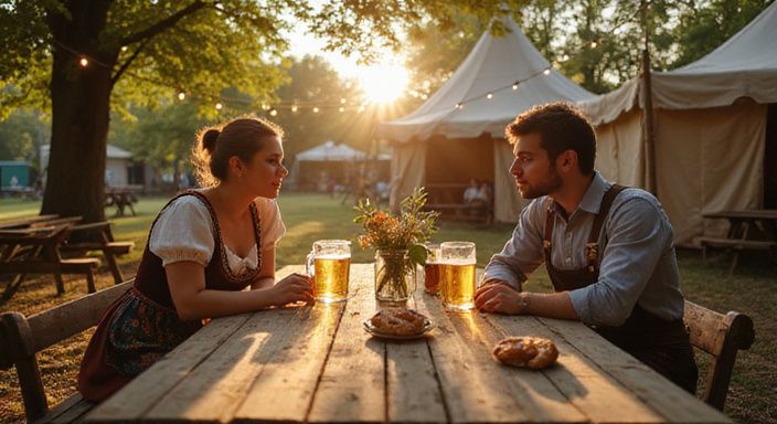 Ein Paar genießt ein entspanntes Gespräch in einem bayerischen Biergarten. Ein Paar genießt ein entspanntes Gespräch in einem bayerischen Biergarten.