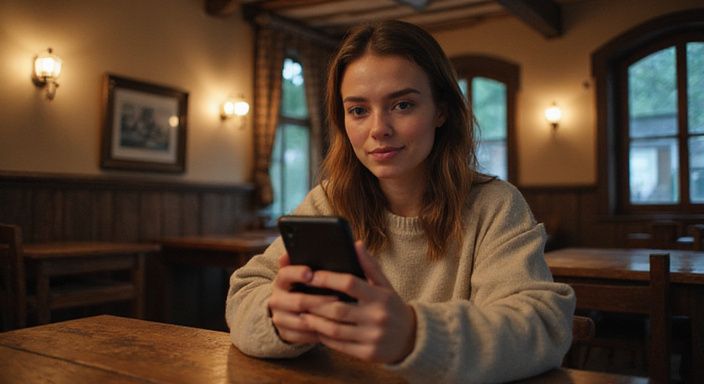 Eine Frau führt ein entspanntes Video-Call in einem bayerischen Café. Eine Frau führt ein entspanntes Video-Call in einem bayerischen Café.