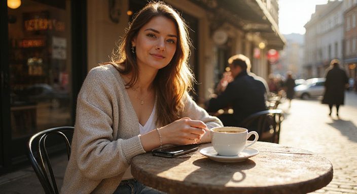Eine Frau genießt ihren Kaffee an einem Tisch im Freien. Eine Frau genießt ihren Kaffee an einem Tisch im Freien.