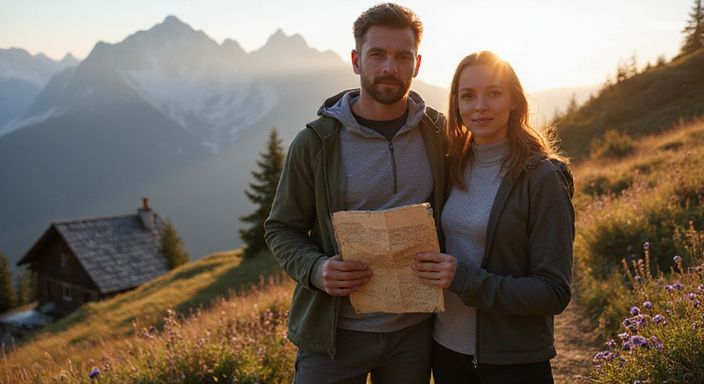 Ein Paar genießt eine Wanderung auf einem alpinen Pfad. Ein Paar genießt eine Wanderung auf einem alpinen Pfad.
