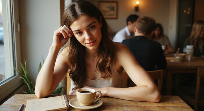 Eine Frau in einem Café mit Notizbuch und Smartphone. Eine Frau in einem Café mit Notizbuch und Smartphone. Sie wollen heimlich flirten.