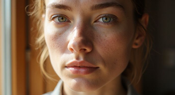 Porträt einer Person mit zarter Haut und nachdenklichem Ausdruck. Porträt einer Person mit zarter Haut und nachdenklichem Ausdruck.