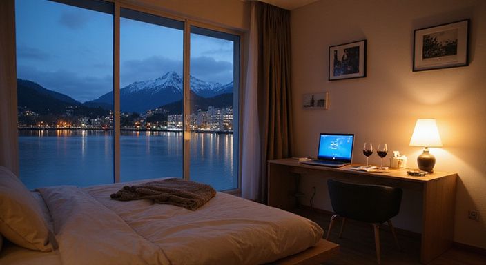 Ein modernes Schlafzimmer mit Blick auf den Genfersee und stilvollem Interieur.
