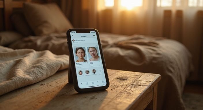 Ein Handy auf einem rustikalen Nachttisch zeigt ein Dating-App-Profil. Ein Handy auf einem rustikalen Nachttisch zeigt ein Dating-App-Profil für sexkontakt in Nürnberg.