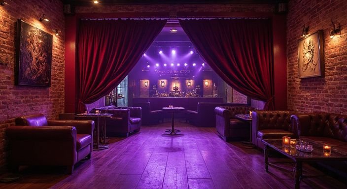 Moderner Nachtclub mit stilvollem Interieur und gemütlichen Sitzgelegenheiten. Moderner Nachtclub mit stilvollem Interieur und gemütlichen Sitzgelegenheiten.