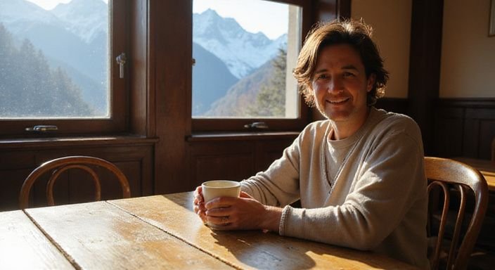 Eine entspannte Person geniesst Kaffee in einem traditionellen Schweizer Café. Eine entspannte Person geniesst Kaffee in einem traditionellen Schweizer Café.