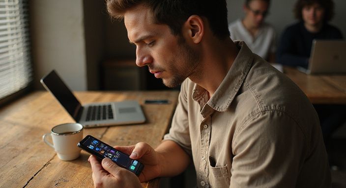 Eine Person sitzt in einem Café und nutzt ihr Smartphone.
