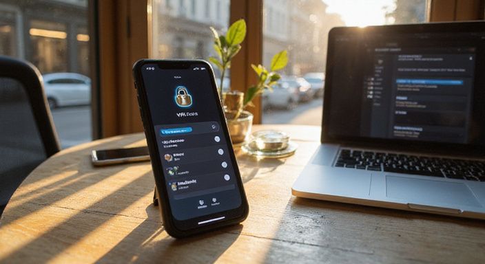 Ein Smartphone und Laptop zeigen Sicherheitsanwendungen in einem Büroumfeld.