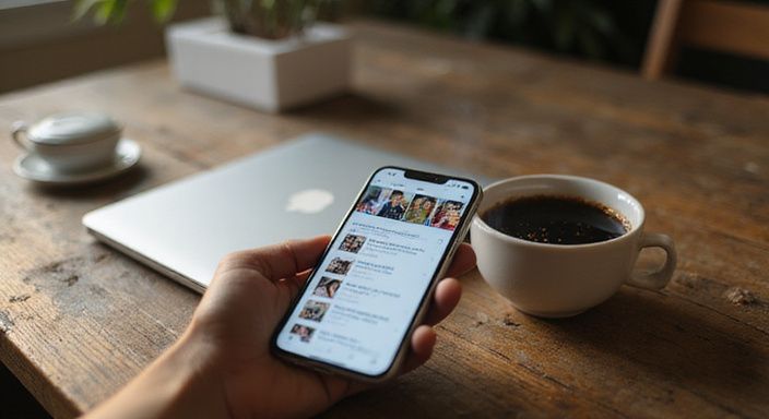 Ein Smartphone auf einem Schreibtisch neben einer Kaffeetasse und Laptop.