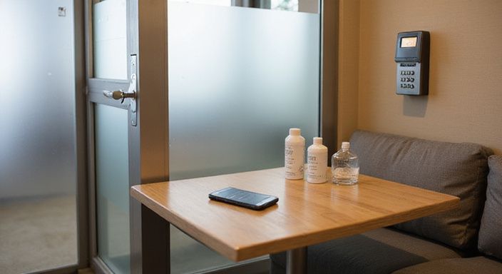 Ein moderner Beratungsraum mit minimalistischer Einrichtung und Gesundheitsprodukten.