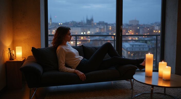 Eine Frau entspannt sich in einem modernen Wohnzimmer in Wien.