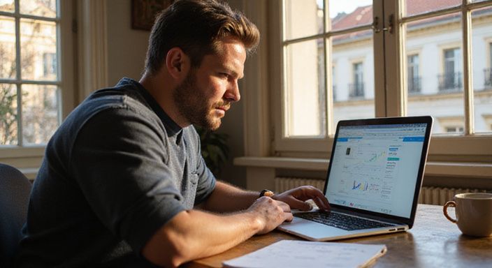 Ein engagierter Mann arbeitet konzentriert an seinem Laptop und suche Erotische Kontakte und Sex-Dating in Wien.