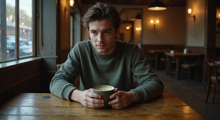Eine alleine sitzende Person genießt einen Kaffee und wollen erotischer Kontakt mit älteren Frauen.