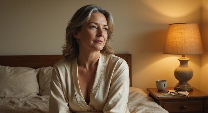 Eine nachdenkliche Frau in einem Seidenmorgenmantel sitzt auf dem Bett.