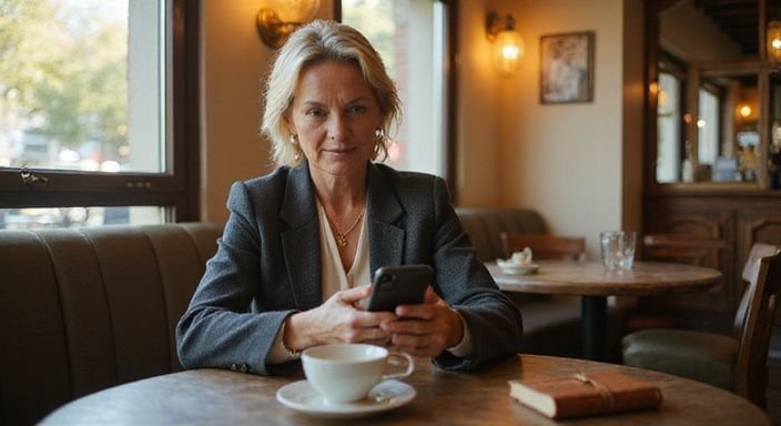 Eine Frau in den Sechzigern sitzt nachdenklich alleine in einem Café.