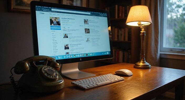 Ein Schreibtisch mit Computer, Vintage-Telefon und offenen Browserfenstern.