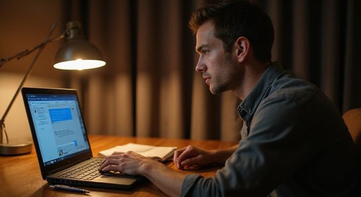 Eine konzentrierte Person arbeitet an einem Laptop und suche erotischer Kontakt mit älteren Frauen.