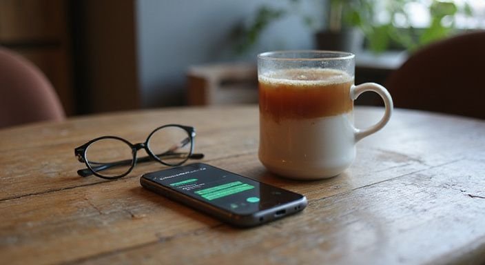 Ein Smartphone auf einem Tisch neben Lesebrille und Teetasse.