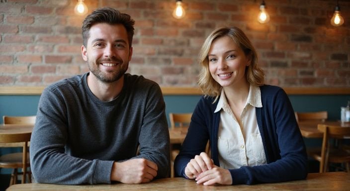 Zwei Erwachsene lachen und unterhalten sich an einem Holztisch.